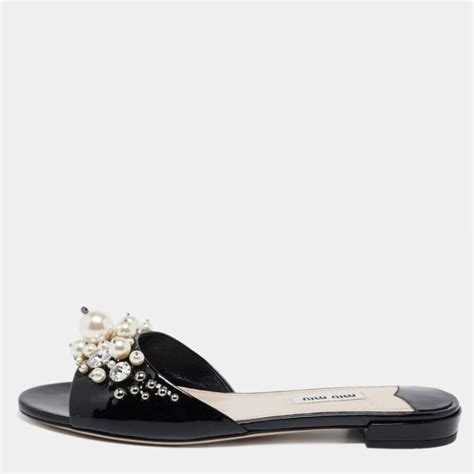 Miu Miu Black Fur Pearl Embellished Flat Slides 36.5